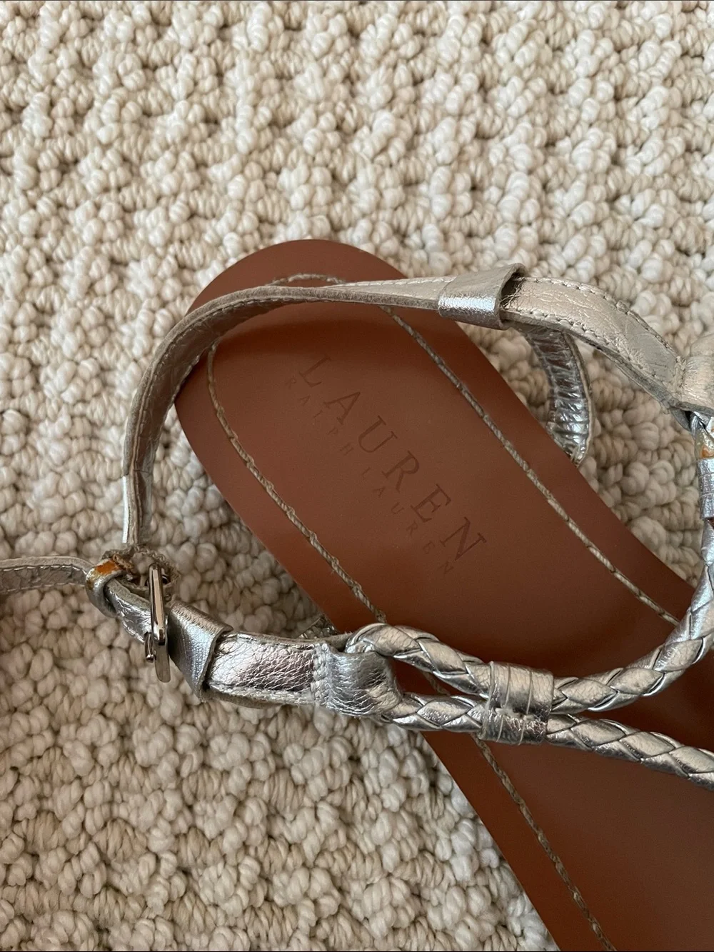 Lauren Ralph Lauren Metallic Silver Braided T-Strap Sandals Size 6.5